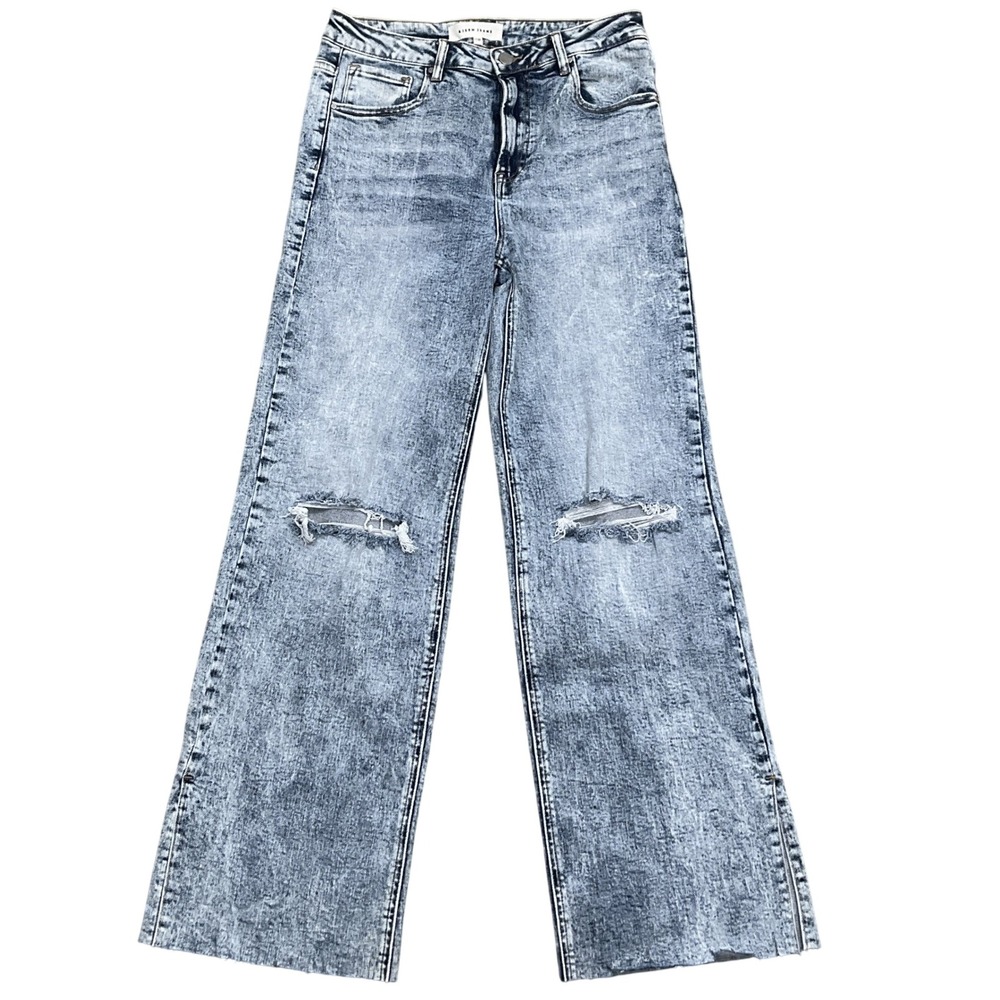Risen Jeans Women 11/30 Blue Acid Wash Ripped Wide Leg Raw Hem Denim Skater